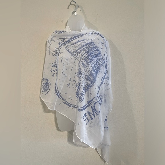 Women’s Scarf One Size White Blue Cotton Italy With Love Novelty Print - Picture 1 of 10